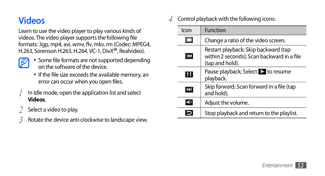 Samsung YP-G1EW/XEZ, YP-G1CW/XEG, YP-GI1CW/XEG manual Videos, Tap and hold, To resume, Playback, Hold Adjust the volume 