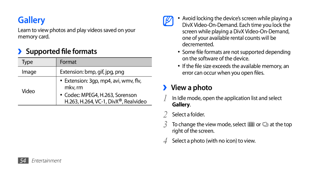 Samsung YP-G1CW/EUR, YP-G1CW/XEG, YP-GI1CW/XEG, YP-GI1CW/XET, YP-G1CW/XEE Gallery, ›› Supported file formats, ›› View a photo 