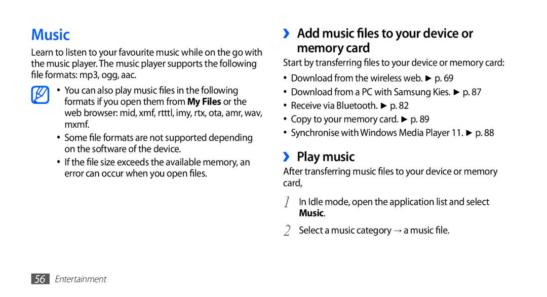 Samsung YP-G1EW/EDC, YP-G1CW/XEG, YP-GI1CW/XEG manual Music, ›› Add music files to your device or Memory card, ›› Play music 