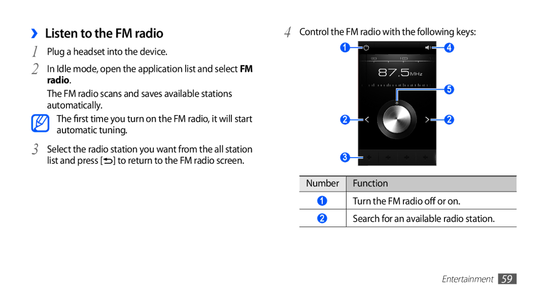 Samsung YP-G1CW/EDC, YP-G1CW/XEG, YP-GI1CW/XEG, YP-GI1CW/XET, YP-GI1CW/XEU, YP-G1CW/XEE manual ››Listen to the FM radio, Radio 