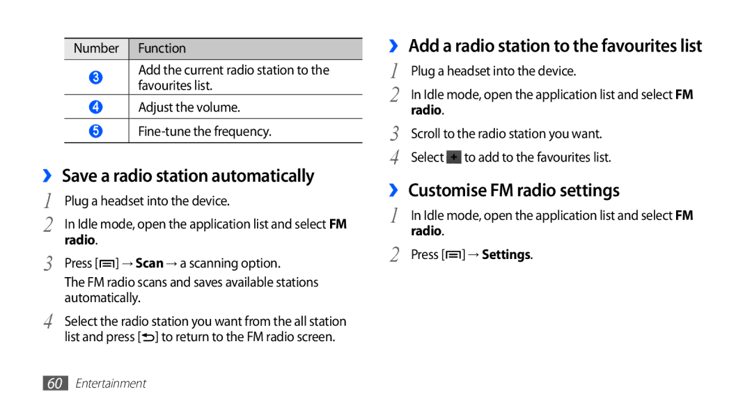 Samsung YP-G1CW/XEG, YP-GI1CW/XEG, YP-GI1CW/XET manual ›› Save a radio station automatically, ›› Customise FM radio settings 