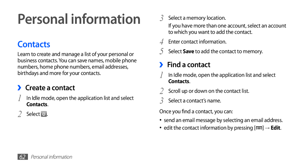 Samsung YP-GI1CW/XET, YP-G1CW/XEG, YP-GI1CW/XEG, YP-GI1CW/XEU, YP-G1CW/XEE Contacts, ›› Create a contact, ›› Find a contact 