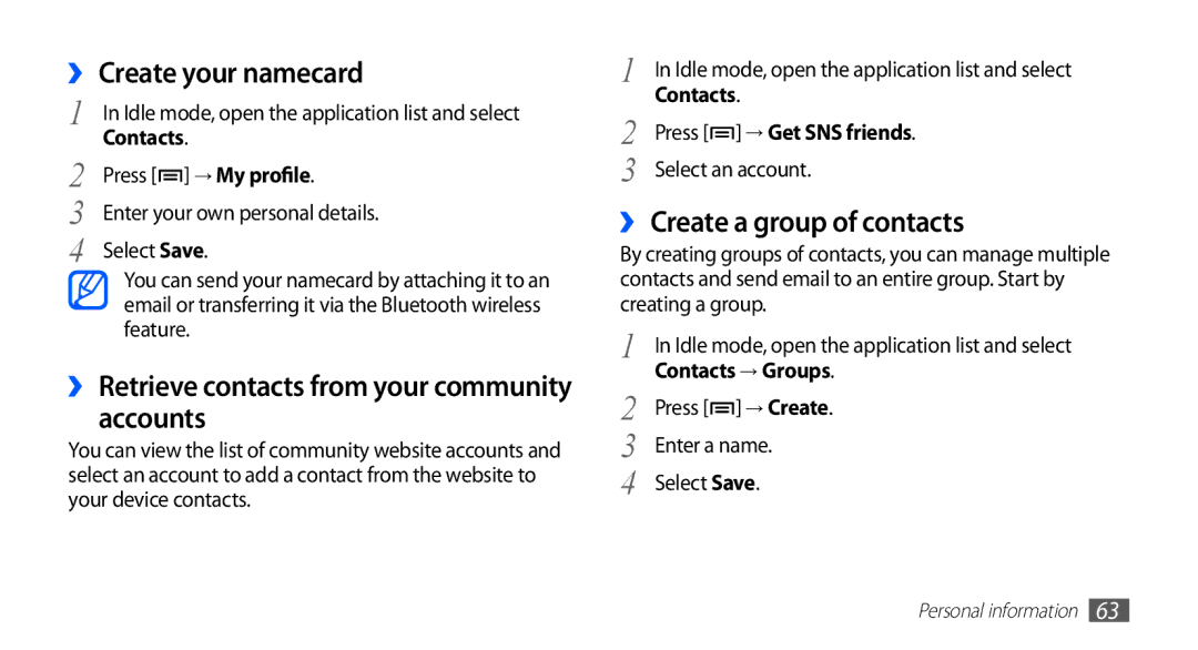 Samsung YP-GI1CW/XEU manual ›› Create your namecard, Accounts, ›› Create a group of contacts, Press → Get SNS friends 