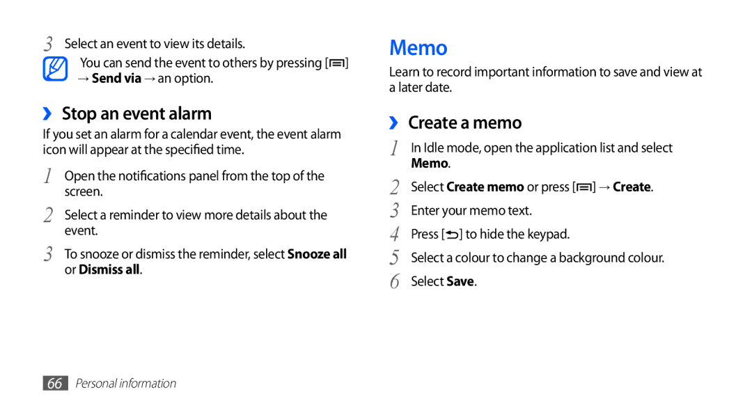 Samsung YP-GI1CW/XEZ, YP-G1CW/XEG, YP-GI1CW/XEG manual Memo, ›› Stop an event alarm, ›› Create a memo, Event, Or Dismiss all 