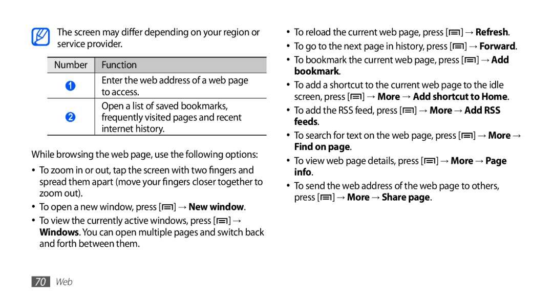 Samsung YP-GI1CW/EUR, YP-G1CW/XEG, YP-GI1CW/XEG, YP-GI1CW/XET manual To bookmark the current web page, press → Add bookmark 