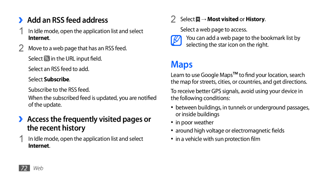 Samsung YP-GI1CW/XEH, YP-G1CW/XEG, YP-GI1CW/XEG, YP-GI1CW/XET, YP-G1CW/XEE Maps, ›› Add an RSS feed address, Select Subscribe 