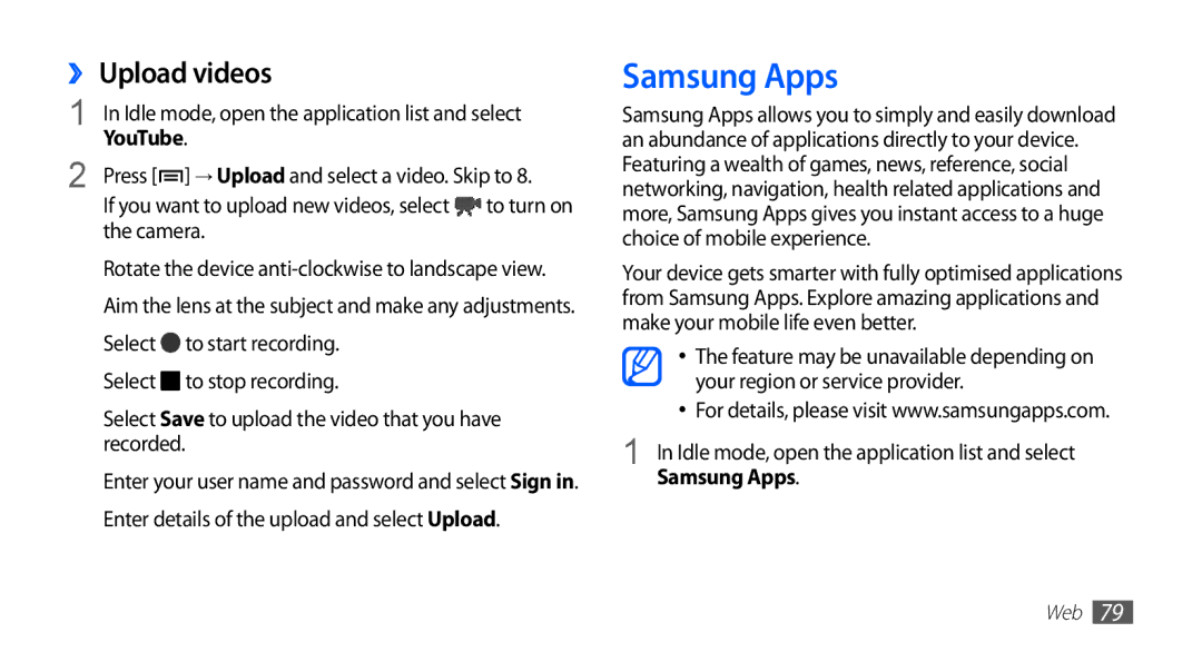 Samsung YP-G1CW/XEE manual Samsung Apps, ›› Upload videos, Camera, Select To start recording To stop recording, Recorded 