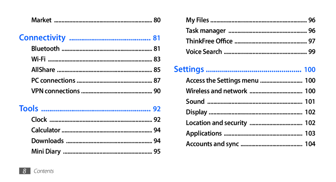 Samsung YP-G1EW/XEZ, YP-G1CW/XEG, YP-GI1CW/XEG, YP-GI1CW/XET, YP-GI1CW/XEU, YP-G1CW/XEE manual Connectivity, Tools, Settings 