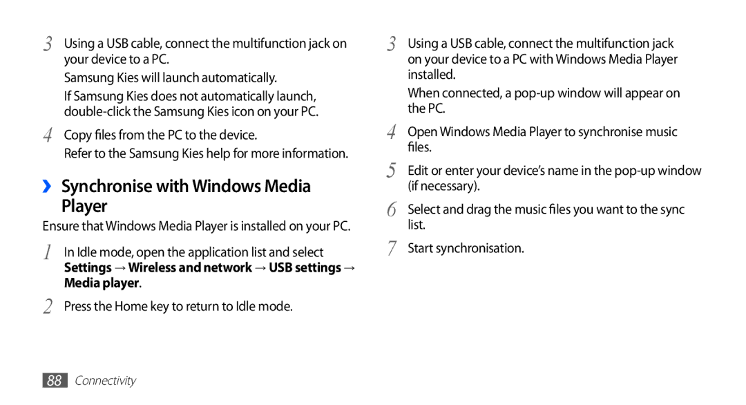 Samsung YP-GI1CW/EDC, YP-G1CW/XEG, YP-GI1CW/XEG, YP-GI1CW/XET manual ›› Synchronise with Windows Media Player, Media player 