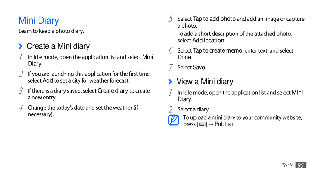 Samsung YP-GI1CW/ROM, YP-G1CW/XEG, YP-GI1CW/XEG, YP-GI1CW/XET manual Mini Diary, ›› Create a Mini diary, ›› View a Mini diary 