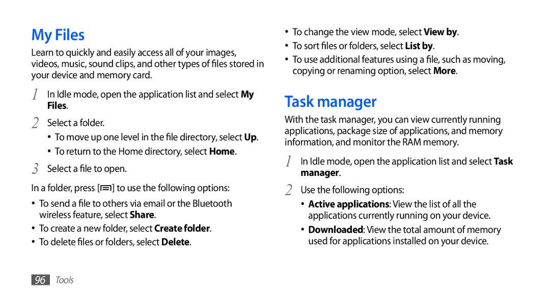 Samsung YP-GI1CW/XEZ, YP-G1CW/XEG, YP-GI1CW/XEG, YP-GI1CW/XET, YP-GI1CW/XEU, YP-G1CW/XEE manual My Files, Task manager, Manager 