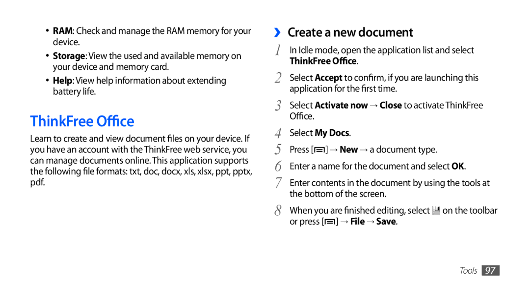 Samsung YP-G1CW/XEZ, YP-G1CW/XEG, YP-GI1CW/XEG, YP-GI1CW/XET manual ThinkFree Office, ›› Create a new document, → File → Save 