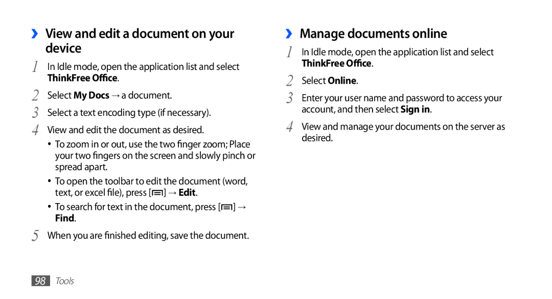 Samsung YP-G1EW/XEZ, YP-G1CW/XEG, YP-GI1CW/XEG manual ›› View and edit a document on your device, ›› Manage documents online 