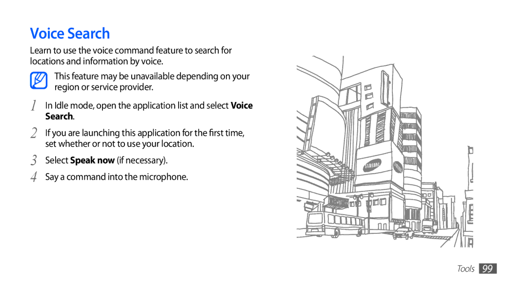 Samsung YP-G1CW/EUR, YP-G1CW/XEG manual Voice Search, Set whether or not to use your location, Select Speak now if necessary 