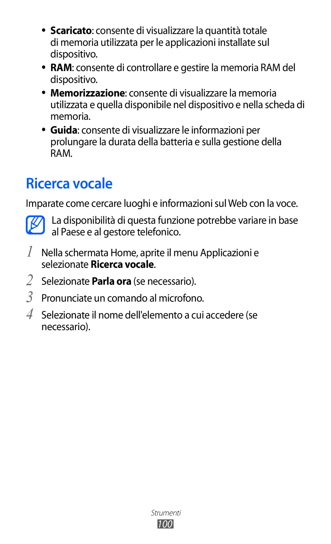 Samsung YP-G1CW/XEG, YP-GI1CW/XEG, YP-GI1CW/XET, YP-GI1CW/XEU manual Ricerca vocale, 100 