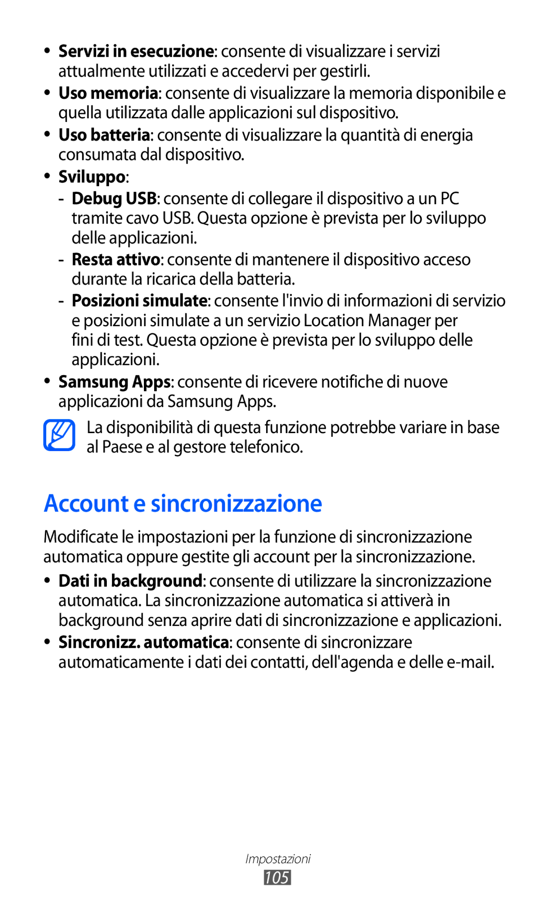 Samsung YP-GI1CW/XEG, YP-G1CW/XEG, YP-GI1CW/XET, YP-GI1CW/XEU manual Account e sincronizzazione, Sviluppo, 105 