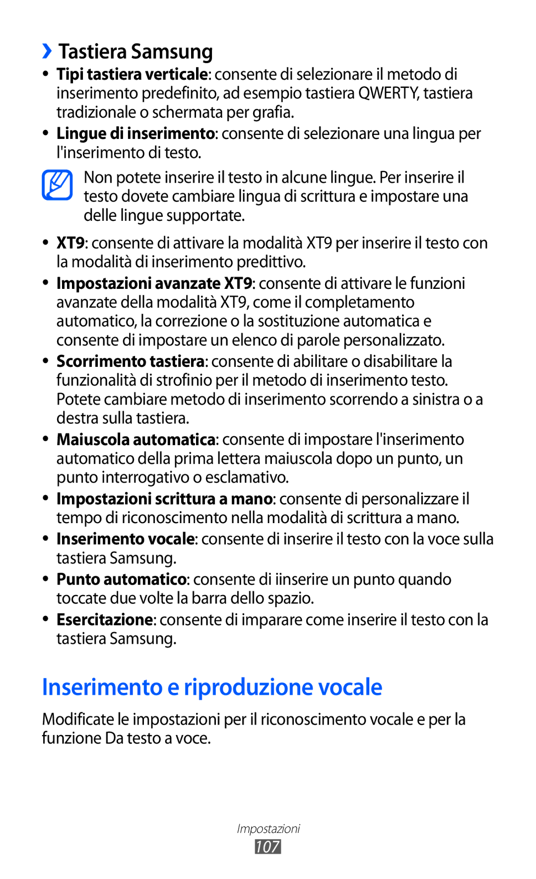 Samsung YP-GI1CW/XEU, YP-G1CW/XEG, YP-GI1CW/XEG, YP-GI1CW/XET Inserimento e riproduzione vocale, ››Tastiera Samsung, 107 