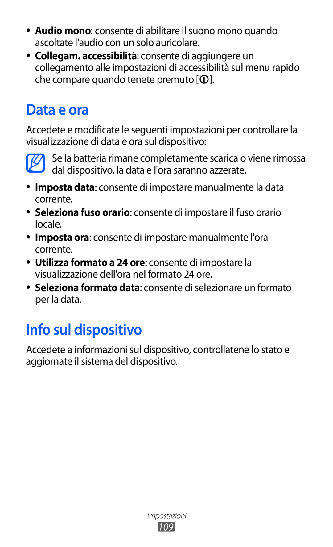 Samsung YP-GI1CW/XEG, YP-G1CW/XEG, YP-GI1CW/XET, YP-GI1CW/XEU manual Data e ora, Info sul dispositivo, 109 