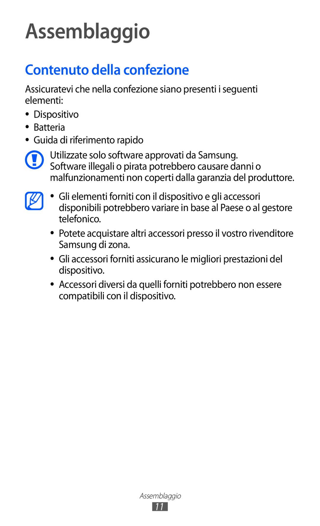 Samsung YP-GI1CW/XEU, YP-G1CW/XEG, YP-GI1CW/XEG manual Assemblaggio, Contenuto della confezione, Guida di riferimento rapido 