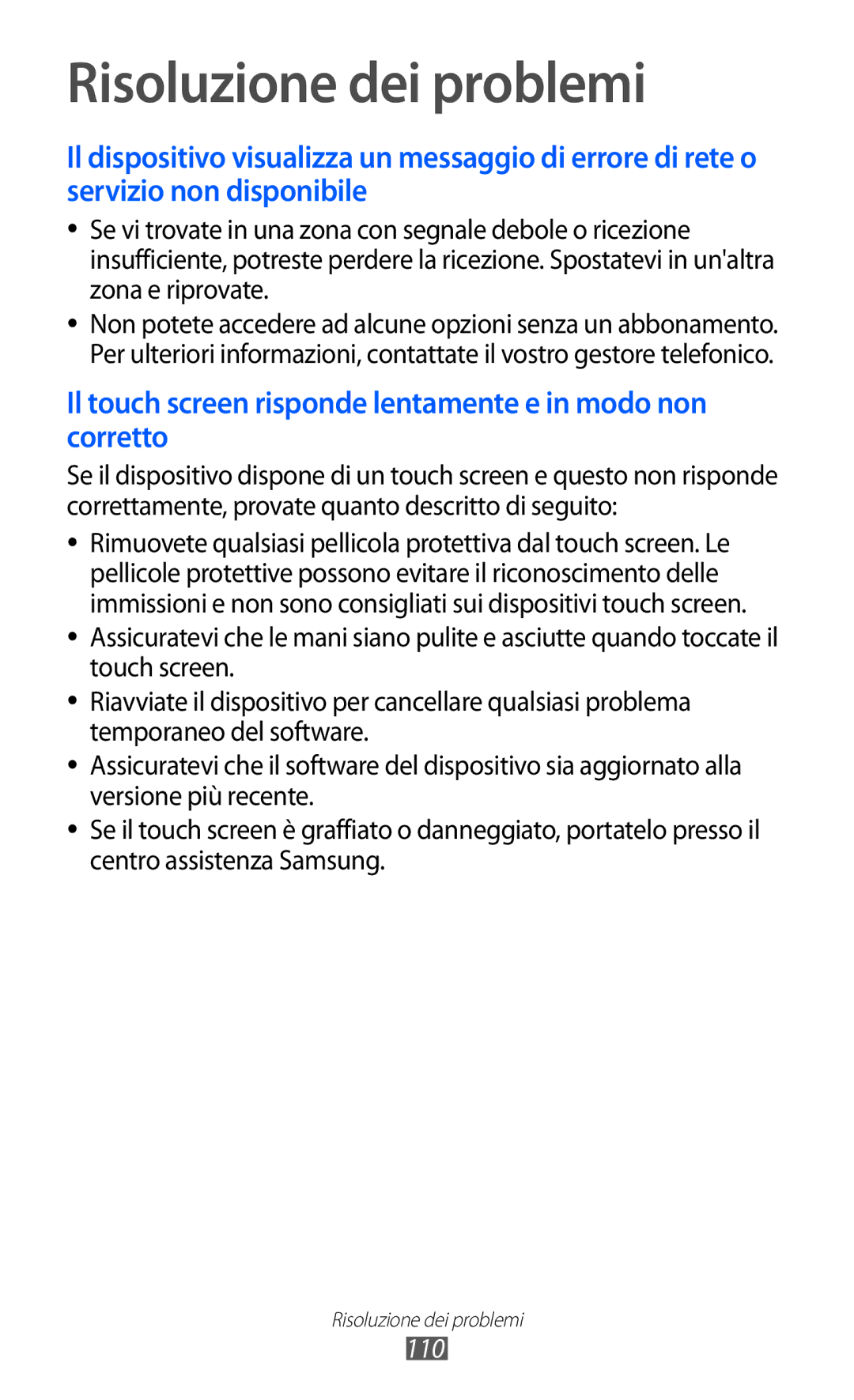 Samsung YP-GI1CW/XET, YP-G1CW/XEG, YP-GI1CW/XEG, YP-GI1CW/XEU manual Risoluzione dei problemi, 110 