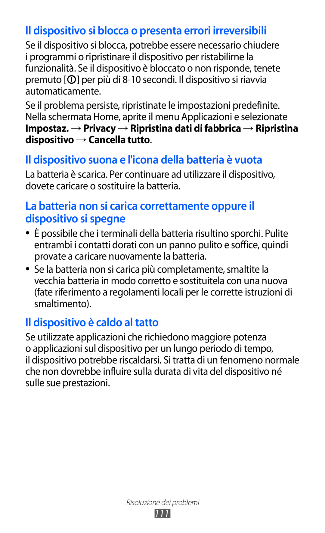 Samsung YP-GI1CW/XEU, YP-G1CW/XEG, YP-GI1CW/XEG, YP-GI1CW/XET Il dispositivo si blocca o presenta errori irreversibili, 111 