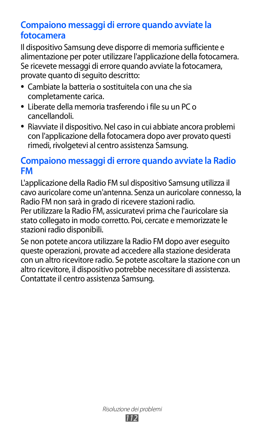 Samsung YP-G1CW/XEG, YP-GI1CW/XEG, YP-GI1CW/XET, YP-GI1CW/XEU Compaiono messaggi di errore quando avviate la fotocamera, 112 