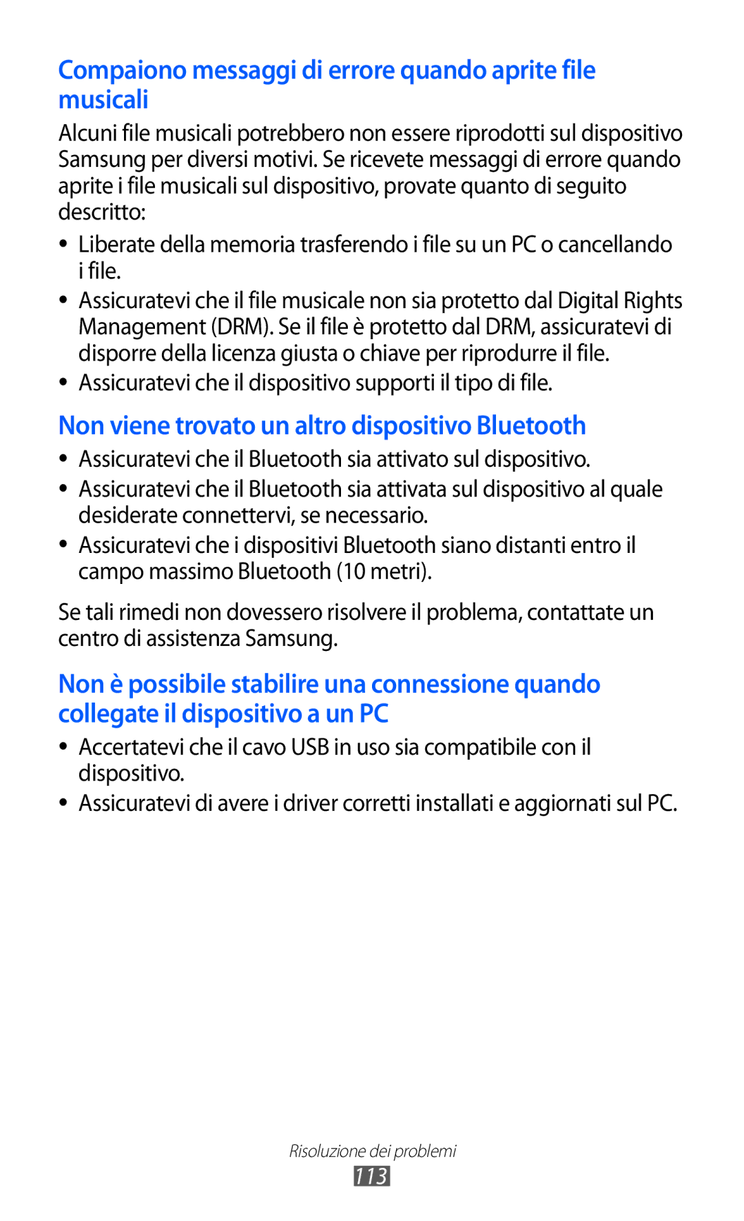 Samsung YP-GI1CW/XEG, YP-G1CW/XEG, YP-GI1CW/XET, YP-GI1CW/XEU Assicuratevi che il dispositivo supporti il tipo di file, 113 