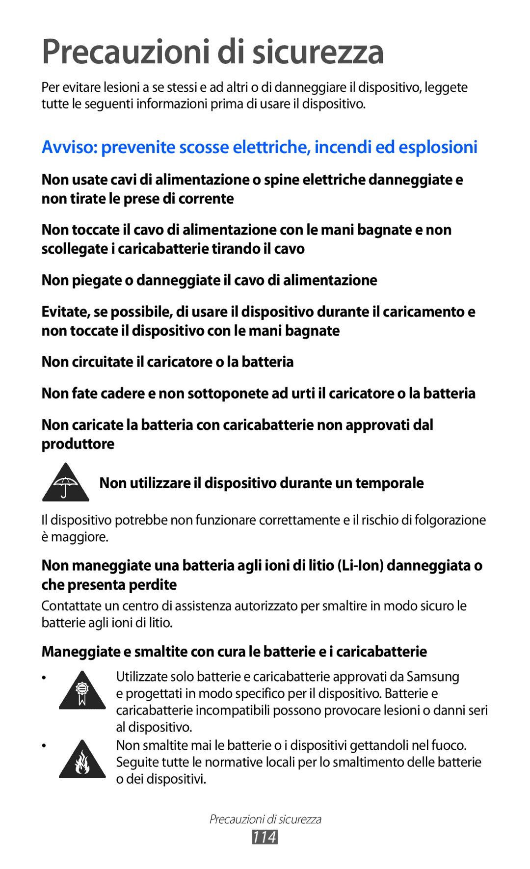 Samsung YP-GI1CW/XET, YP-G1CW/XEG, YP-GI1CW/XEG, YP-GI1CW/XEU manual Precauzioni di sicurezza, 114 