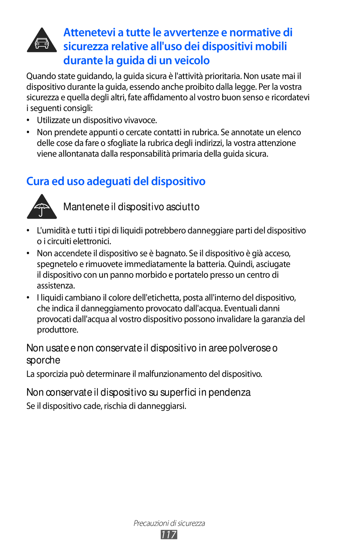 Samsung YP-GI1CW/XEG, YP-G1CW/XEG, YP-GI1CW/XET, YP-GI1CW/XEU manual Cura ed uso adeguati del dispositivo, 117 