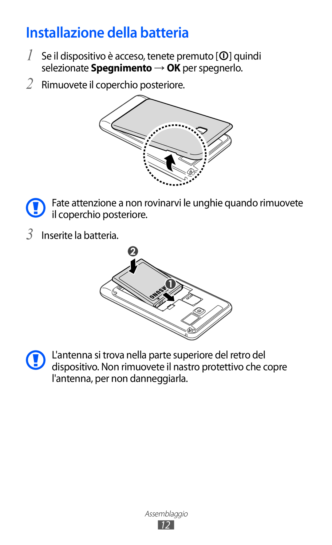 Samsung YP-G1CW/XEG, YP-GI1CW/XEG, YP-GI1CW/XET, YP-GI1CW/XEU manual Installazione della batteria 