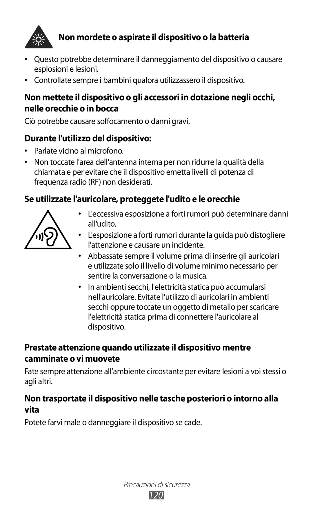 Samsung YP-G1CW/XEG, YP-GI1CW/XEG, YP-GI1CW/XET, YP-GI1CW/XEU manual 120, Non mordete o aspirate il dispositivo o la batteria 