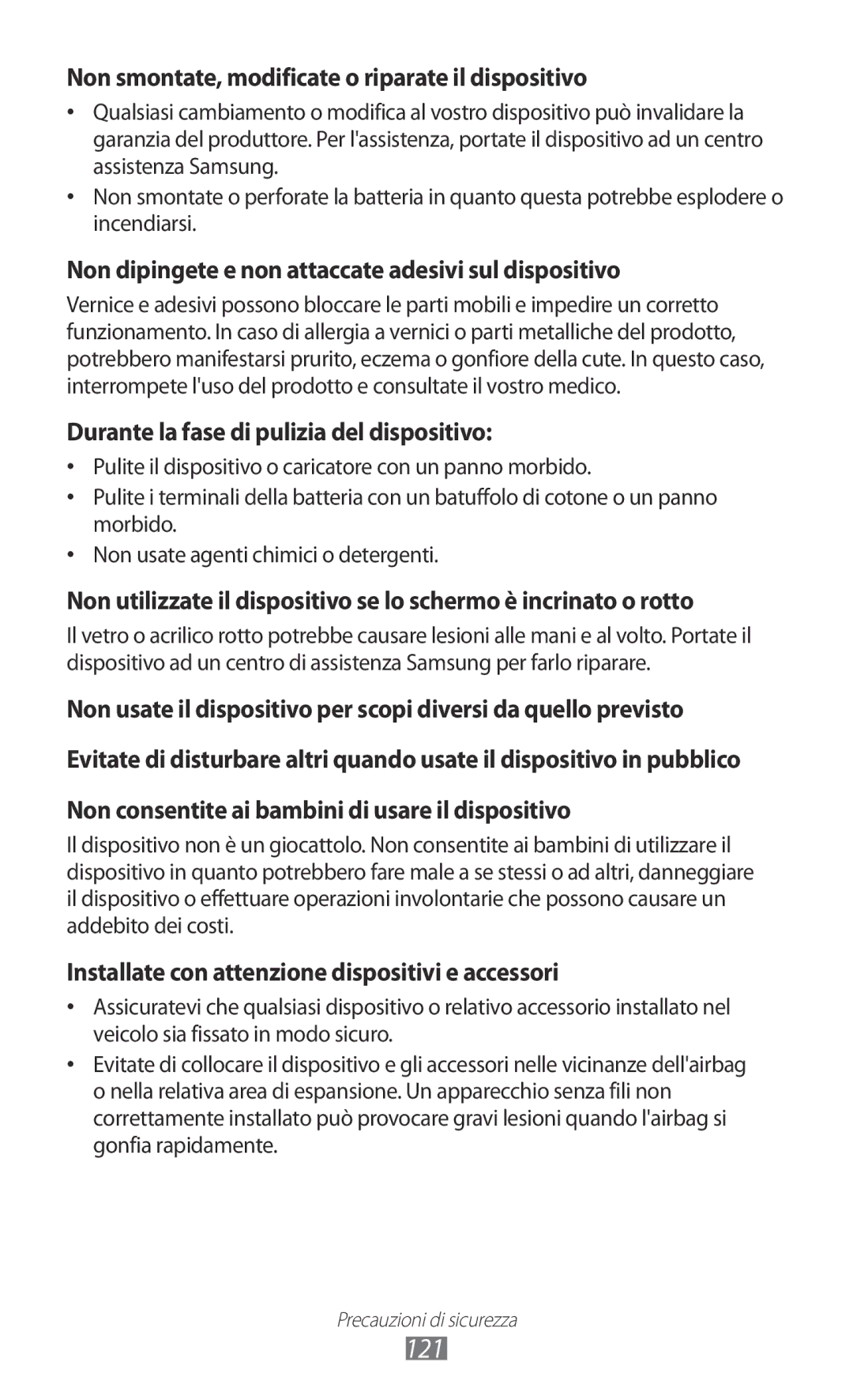 Samsung YP-GI1CW/XEG, YP-G1CW/XEG, YP-GI1CW/XET, YP-GI1CW/XEU manual 121, Non smontate, modificate o riparate il dispositivo 