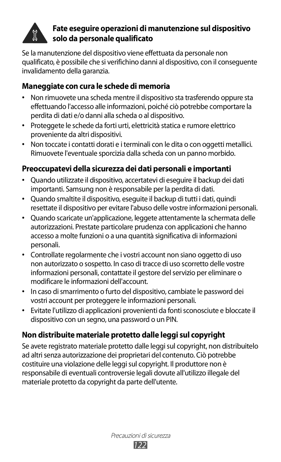 Samsung YP-GI1CW/XET, YP-G1CW/XEG, YP-GI1CW/XEG, YP-GI1CW/XEU manual 122, Maneggiate con cura le schede di memoria 