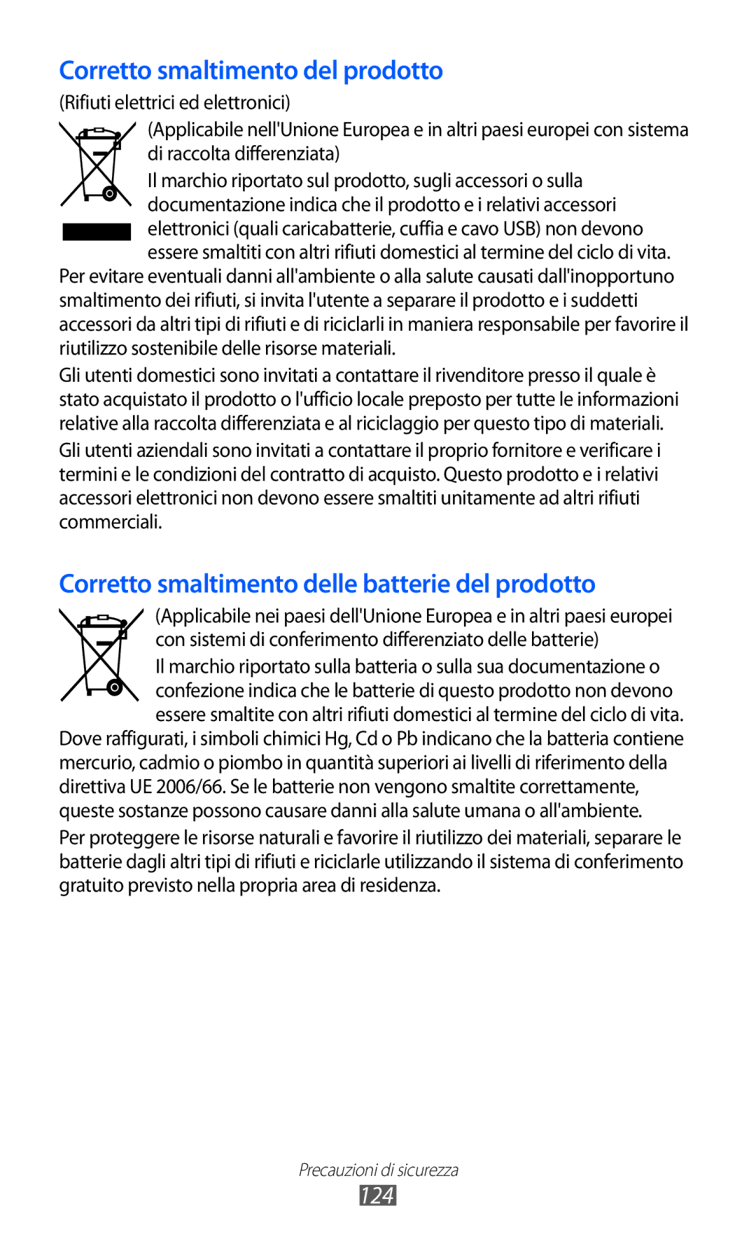 Samsung YP-G1CW/XEG, YP-GI1CW/XEG, YP-GI1CW/XET, YP-GI1CW/XEU manual Corretto smaltimento del prodotto, 124 