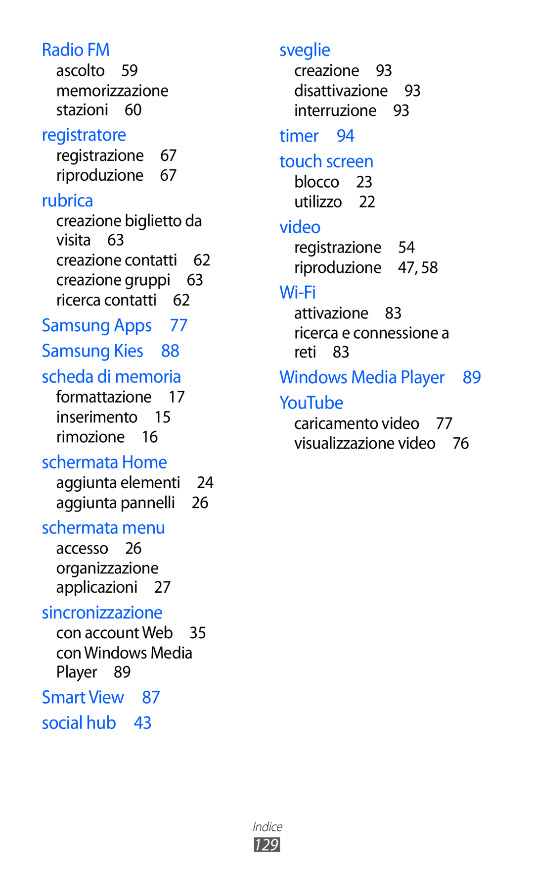 Samsung YP-GI1CW/XEG, YP-G1CW/XEG, YP-GI1CW/XET, YP-GI1CW/XEU manual Con account Web 35 con Windows Media Player , 129 