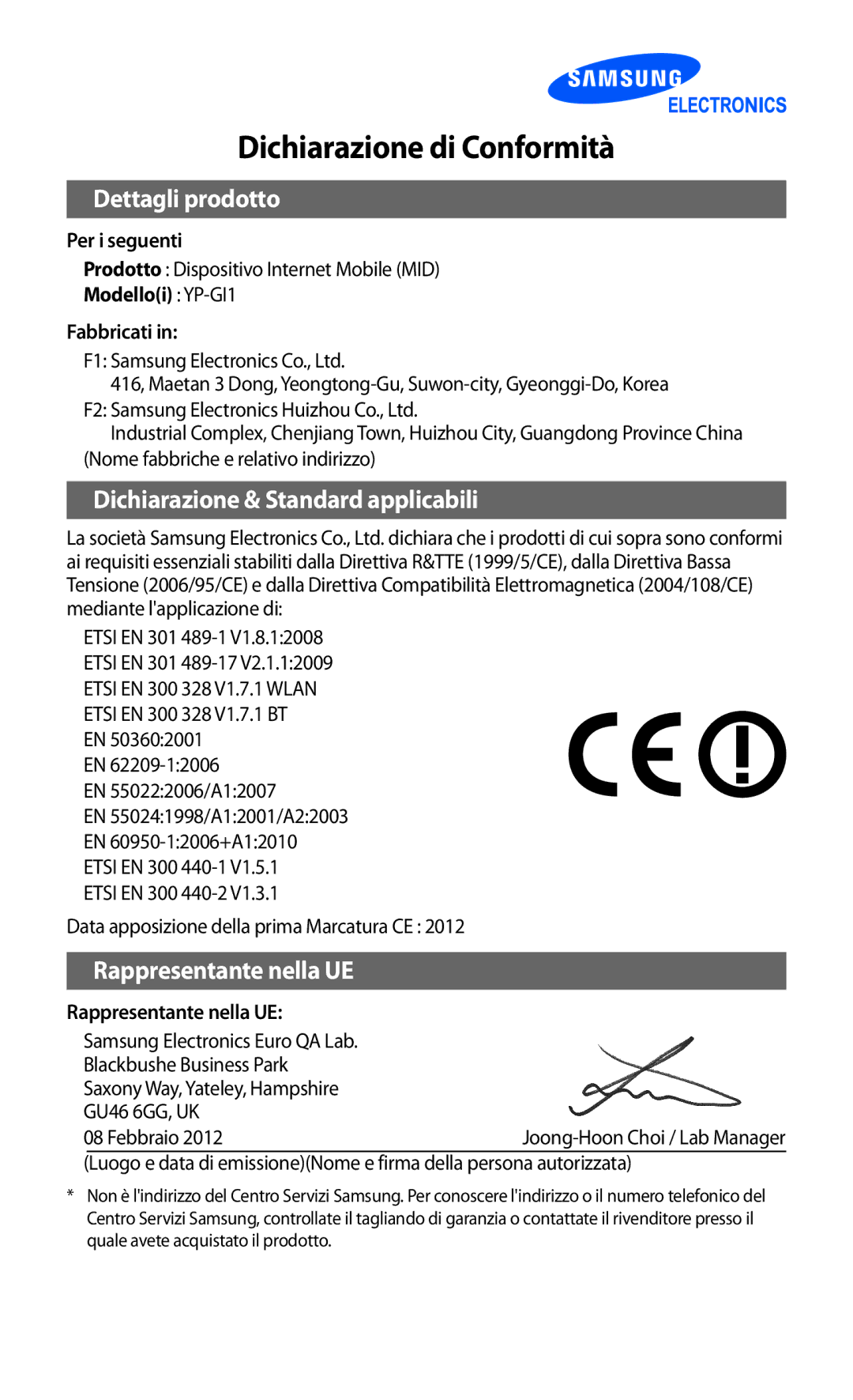 Samsung YP-GI1CW/XET, YP-G1CW/XEG, YP-GI1CW/XEG, YP-GI1CW/XEU manual Dichiarazione di Conformità 