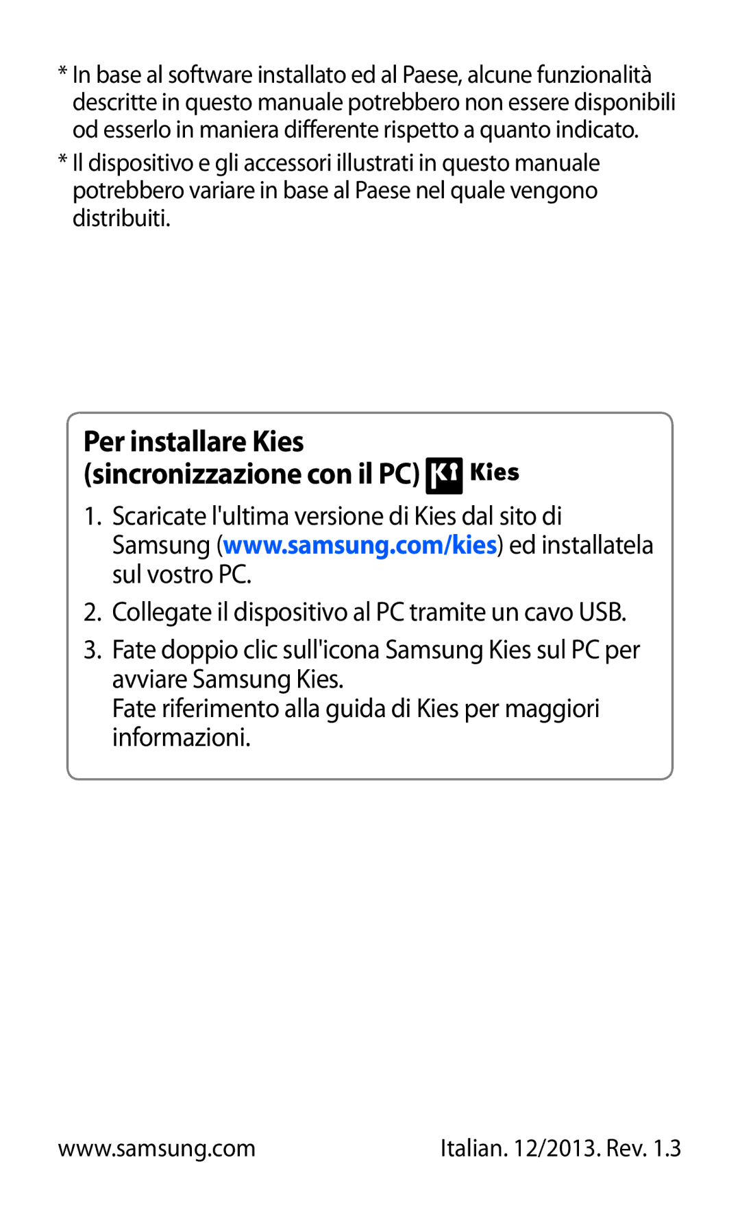 Samsung YP-GI1CW/XEU, YP-G1CW/XEG, YP-GI1CW/XEG, YP-GI1CW/XET manual Per installare Kies sincronizzazione con il PC 