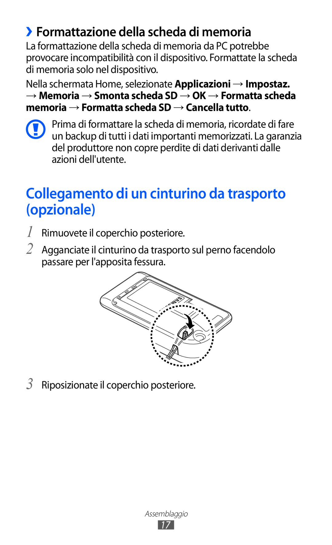 Samsung YP-GI1CW/XEG manual Collegamento di un cinturino da trasporto opzionale, ››Formattazione della scheda di memoria 