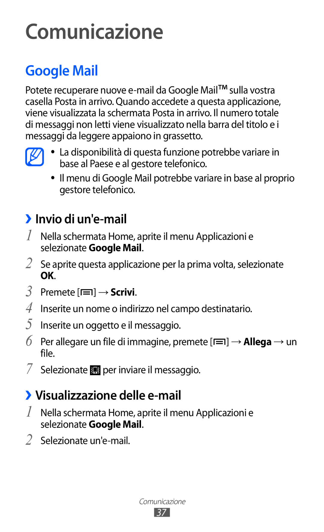 Samsung YP-GI1CW/XEG, YP-G1CW/XEG manual Comunicazione, Google Mail, ››Invio di une-mail, ››Visualizzazione delle e-mail 