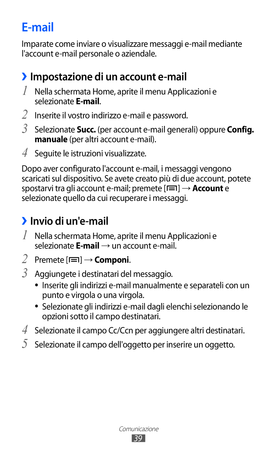 Samsung YP-GI1CW/XEU, YP-G1CW/XEG, YP-GI1CW/XEG, YP-GI1CW/XET manual Mail, ››Impostazione di un account e-mail 