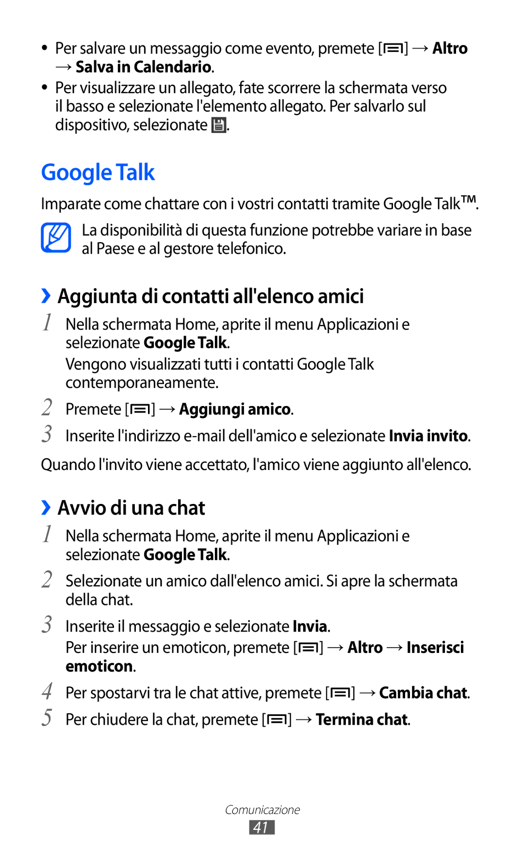 Samsung YP-GI1CW/XEG manual Google Talk, ››Aggiunta di contatti allelenco amici, ››Avvio di una chat, → Salva in Calendario 