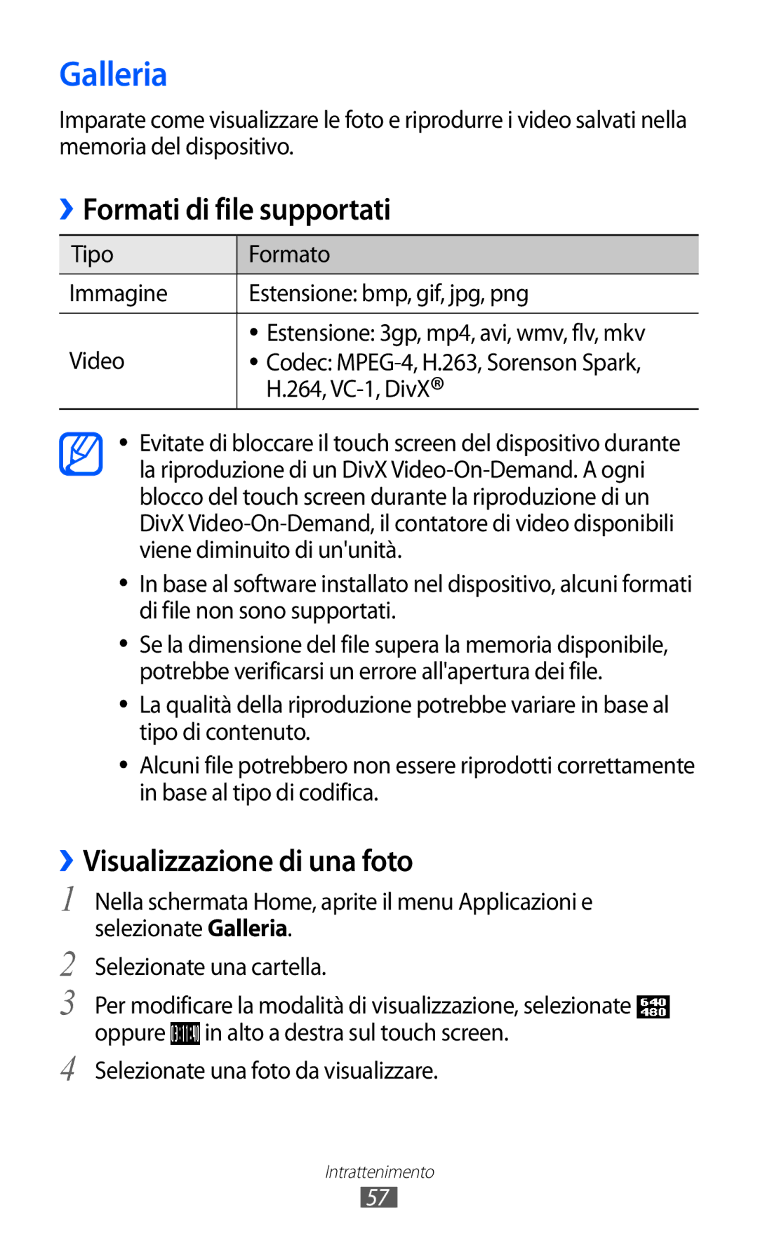 Samsung YP-GI1CW/XEG, YP-G1CW/XEG, YP-GI1CW/XET manual Galleria, Formati di file supportati, ››Visualizzazione di una foto 