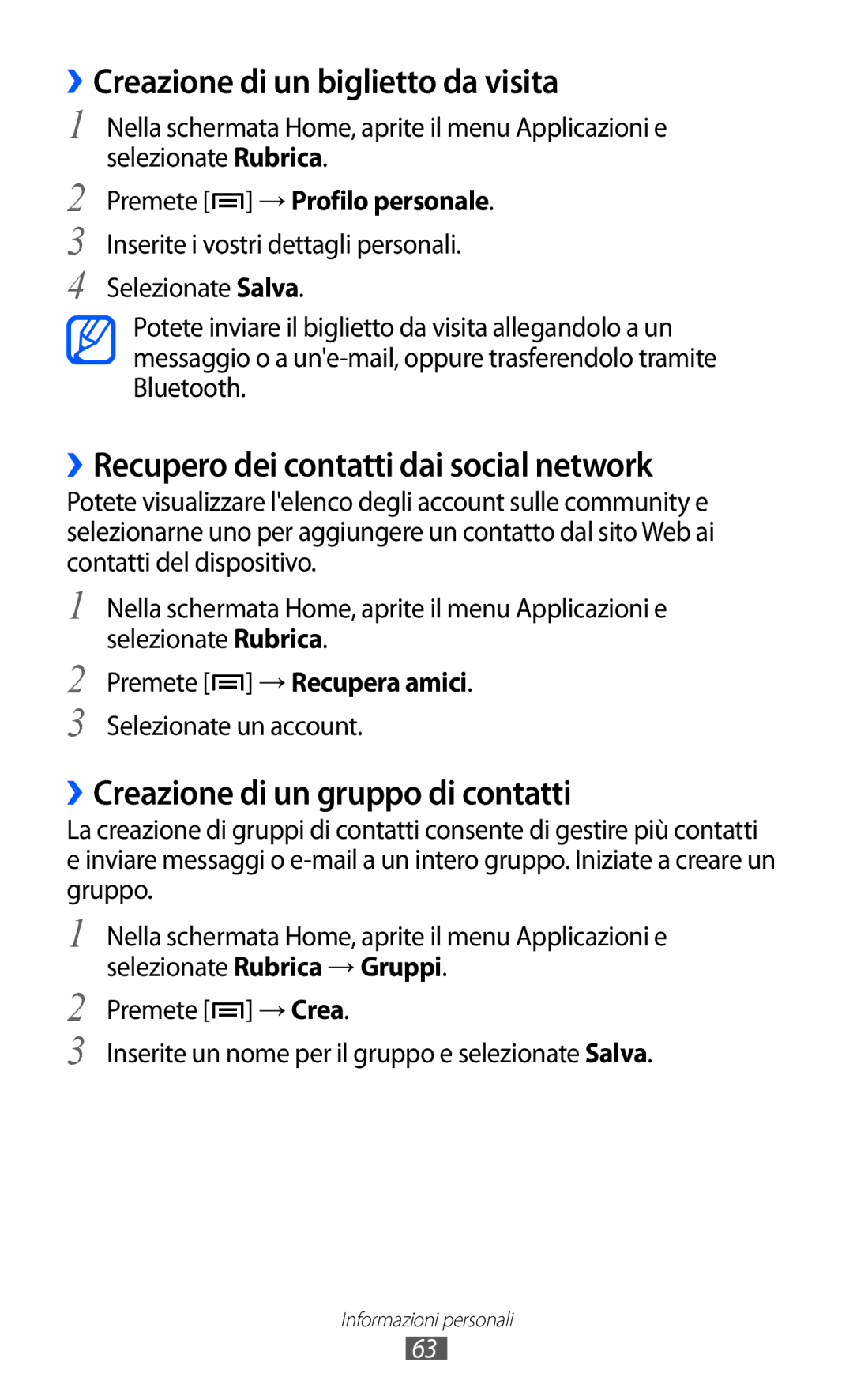 Samsung YP-GI1CW/XEU, YP-G1CW/XEG manual ››Creazione di un biglietto da visita, ››Recupero dei contatti dai social network 