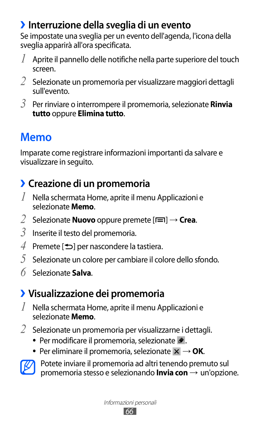 Samsung YP-GI1CW/XET, YP-G1CW/XEG manual Memo, ››Interruzione della sveglia di un evento, ››Creazione di un promemoria 