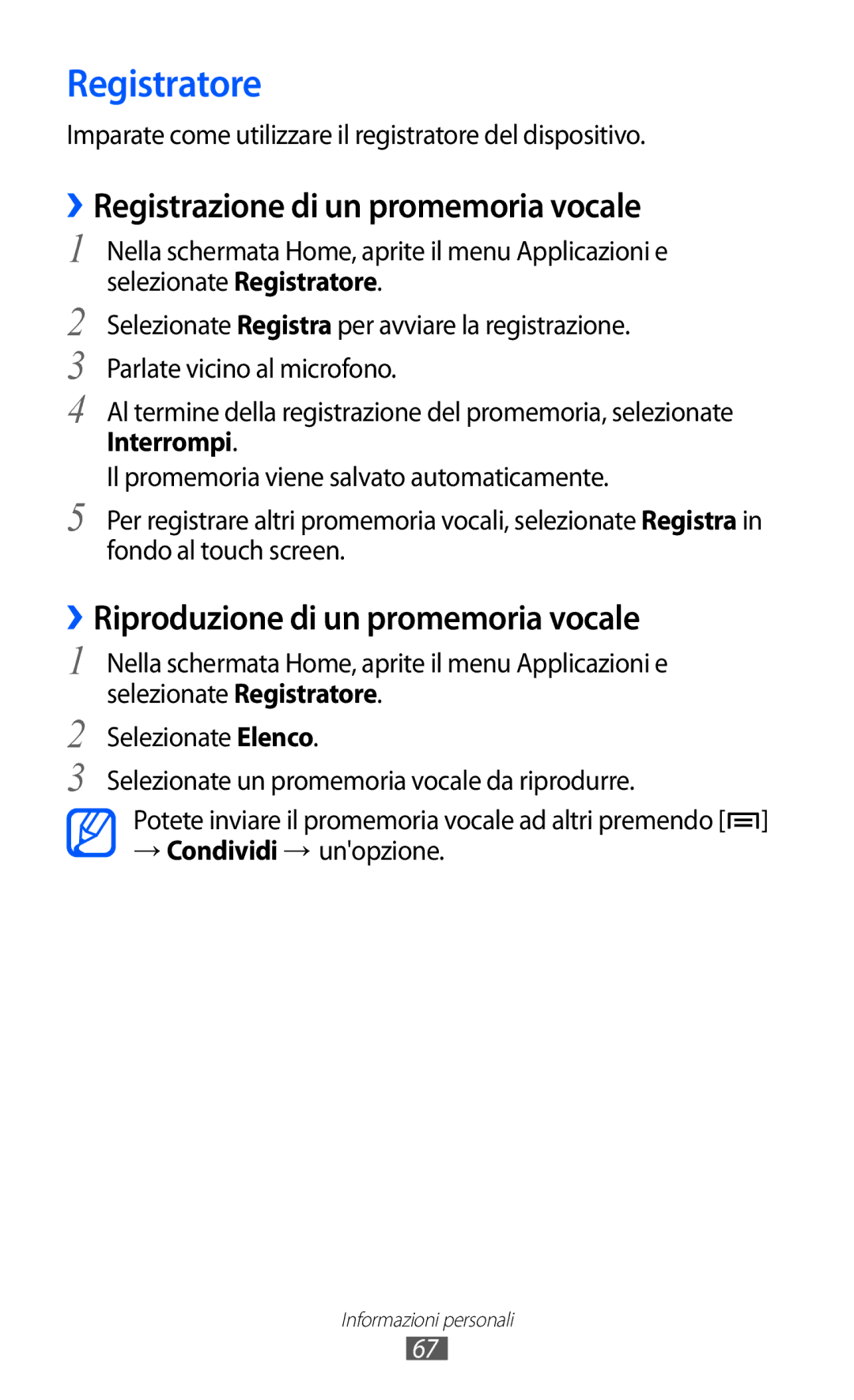 Samsung YP-GI1CW/XEU manual Registratore, ››Registrazione di un promemoria vocale, ››Riproduzione di un promemoria vocale 