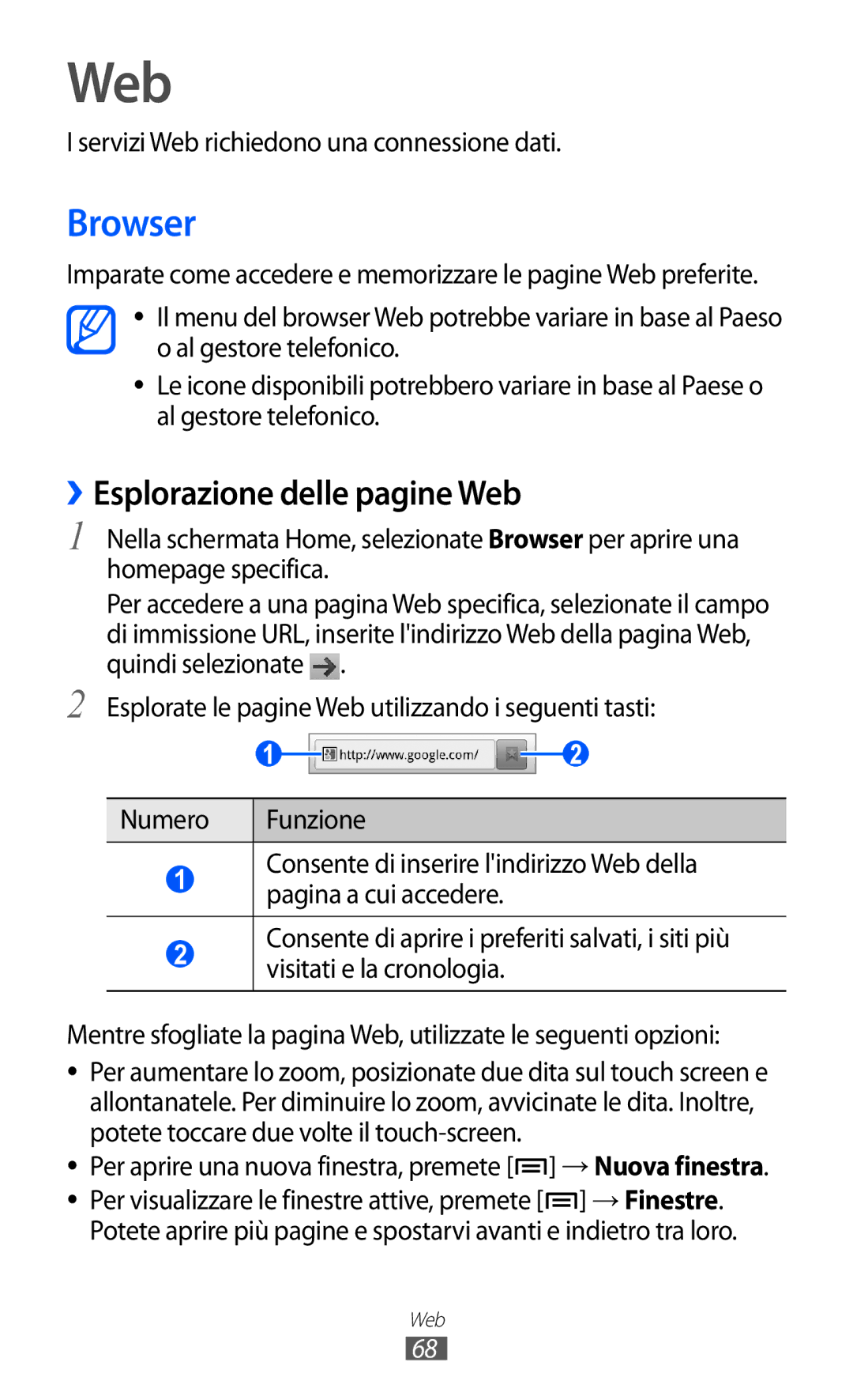 Samsung YP-G1CW/XEG Browser, ››Esplorazione delle pagine Web, Servizi Web richiedono una connessione dati, → Finestre 