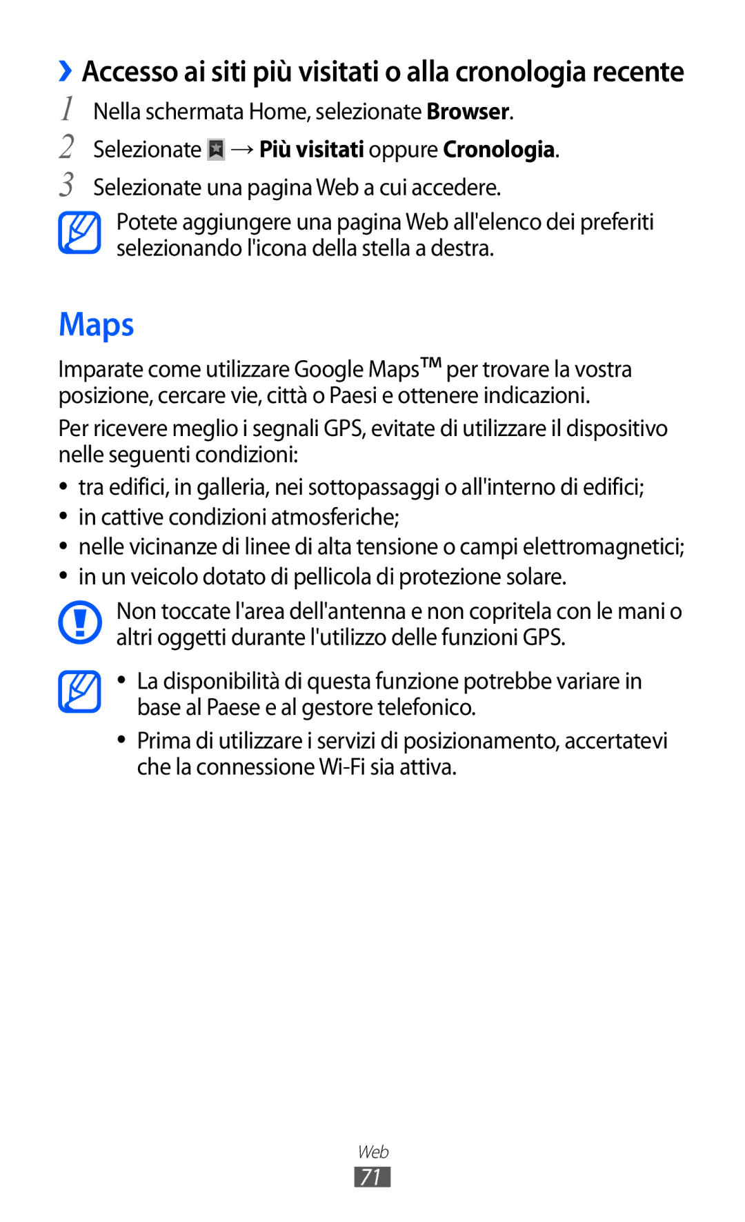 Samsung YP-GI1CW/XEU, YP-G1CW/XEG, YP-GI1CW/XEG, YP-GI1CW/XET Maps, ››Accesso ai siti più visitati o alla cronologia recente 