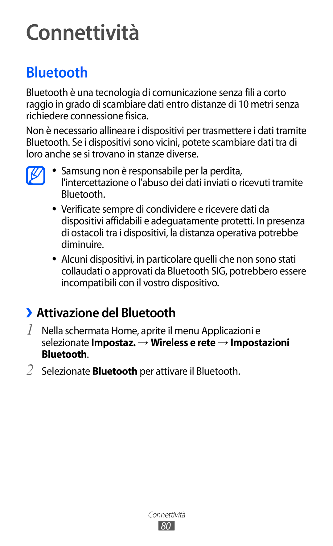 Samsung YP-G1CW/XEG, YP-GI1CW/XEG, YP-GI1CW/XET, YP-GI1CW/XEU manual Connettività, ››Attivazione del Bluetooth 