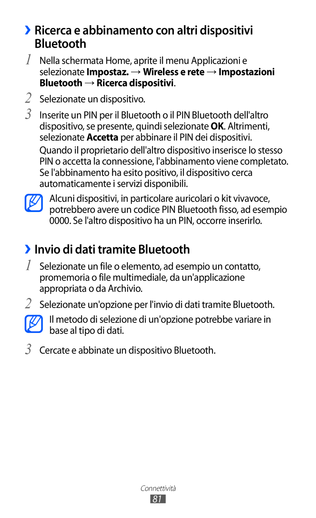 Samsung YP-GI1CW/XEG manual ››Ricerca e abbinamento con altri dispositivi Bluetooth, ››Invio di dati tramite Bluetooth 