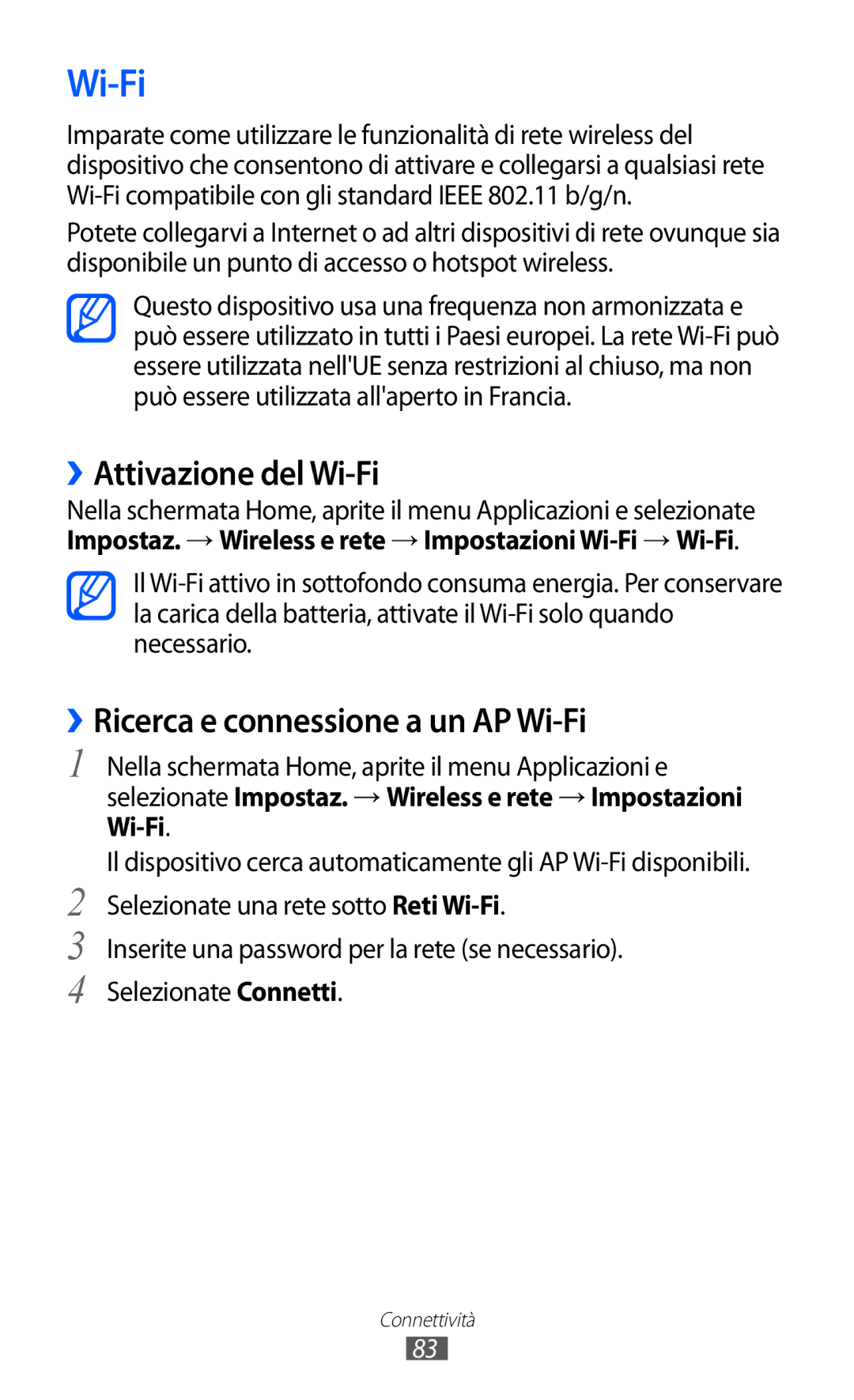 Samsung YP-GI1CW/XEU, YP-G1CW/XEG, YP-GI1CW/XEG manual ››Attivazione del Wi-Fi, ››Ricerca e connessione a un AP Wi-Fi 